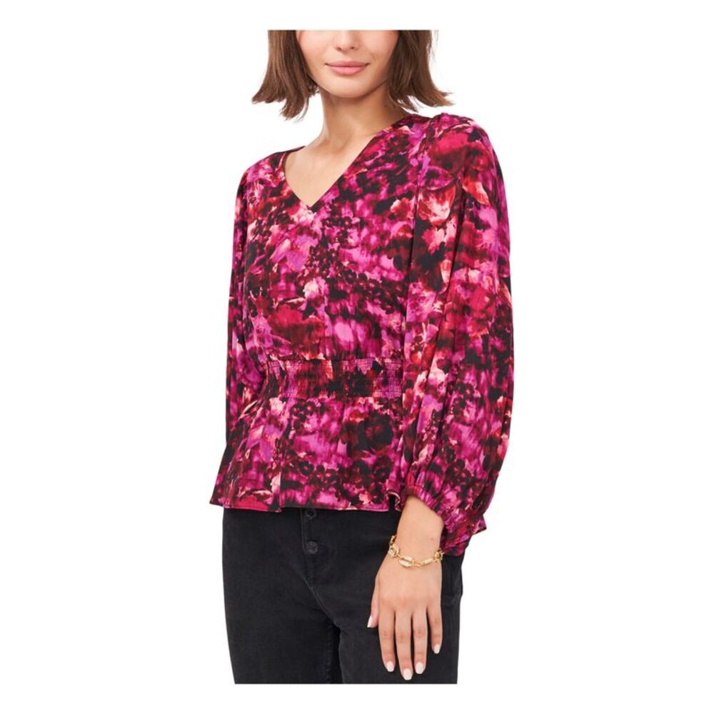 VINCE CAMUTO Womens Burgundy Balloon Sleeve V Neck Wear To Work Peplum Top XXS